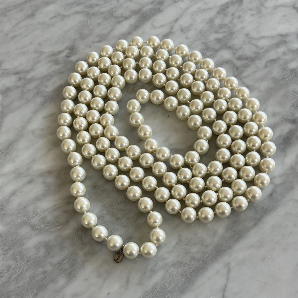 CHICO’S: Vintage Faux Pearl Single Strand Necklace 64 inches.